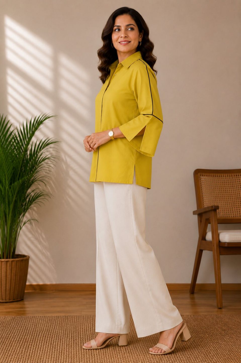 Women's Casual Collared Top | Bell Sleeves | Available in Mustard, Cherry Red, Beige & Ice Blue