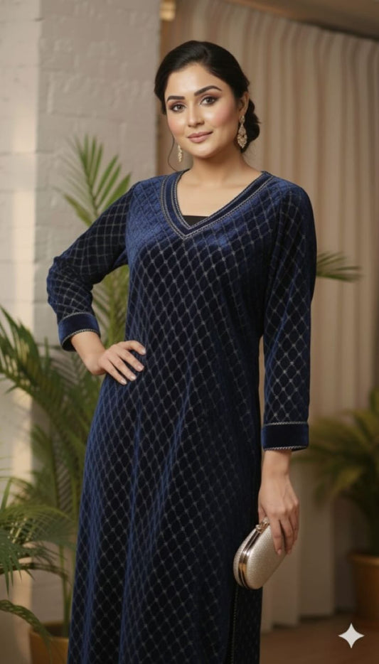 Navy Blue Velvet Kurta with Diamond Pattern & V-Neck Detailing