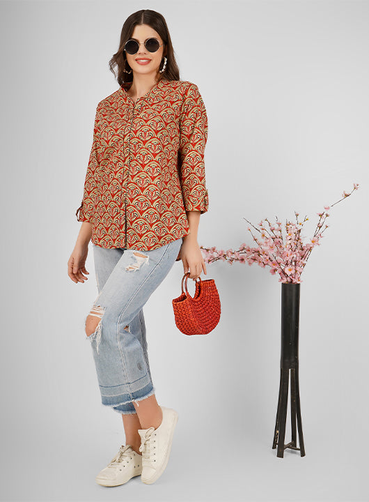 Refresh your wardrobe with this cotton floral print top, a perfect blend of elegance and comfort. Made from soft, breathable cotton fabric
