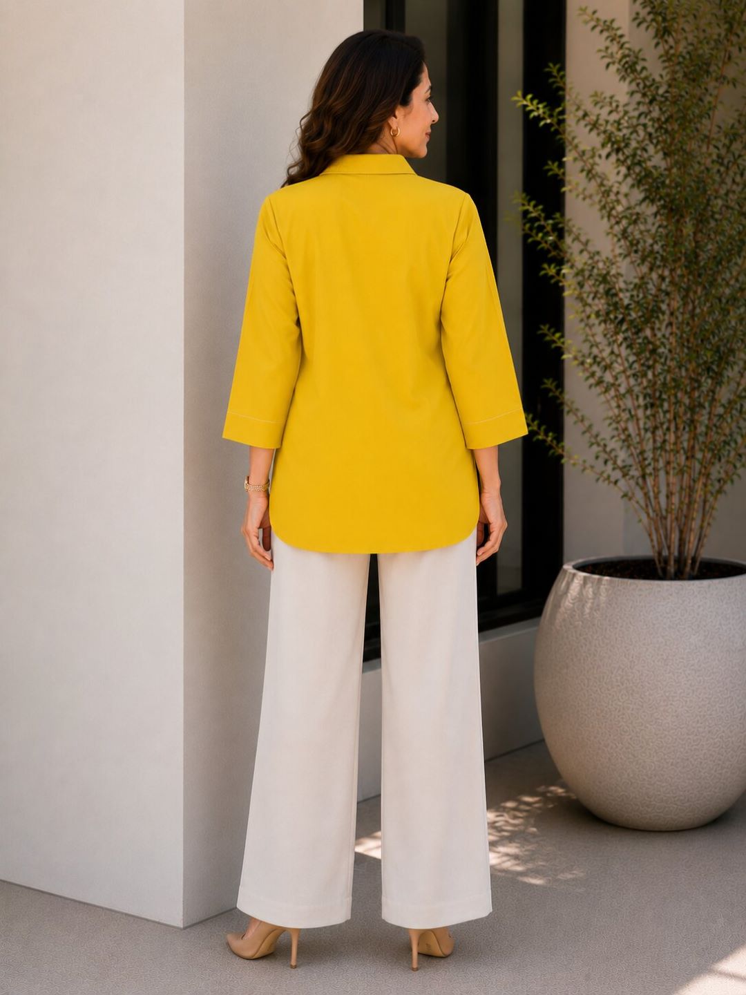 Women's Cotton Blend Tunic Top with Contrast Stitching | Pink & Mustard