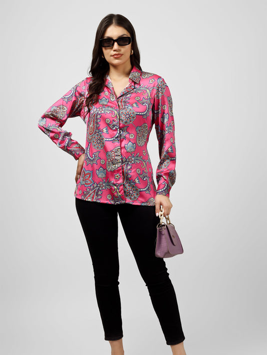Make a statement with this printed satin party shirt featuring full cuff sleeves and a classic shirt collar.