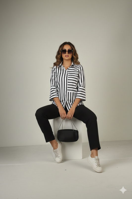 Black & White Striped Button-Down Shirt with Contrast Paneling