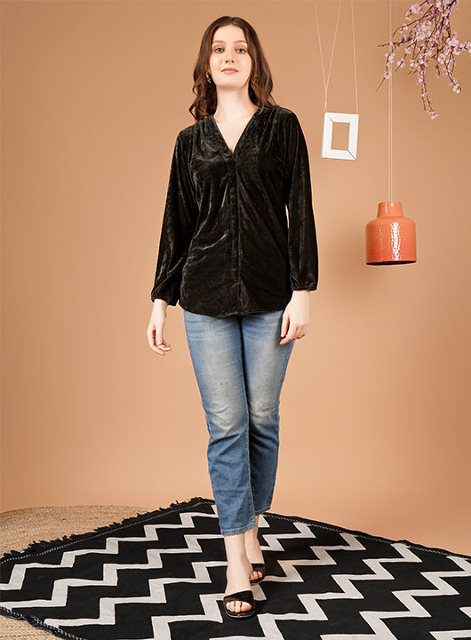 Trendy Green Velvet Shoulder Gather Top with Cuff Sleeves – Perfect for All Occasions