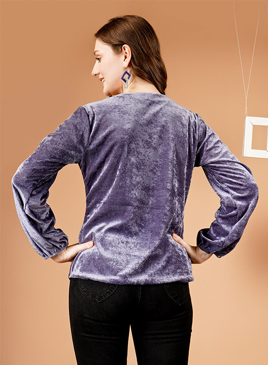 Trendy Grey Top with Gathered Sleeves – Perfect for Trousers & Skirts