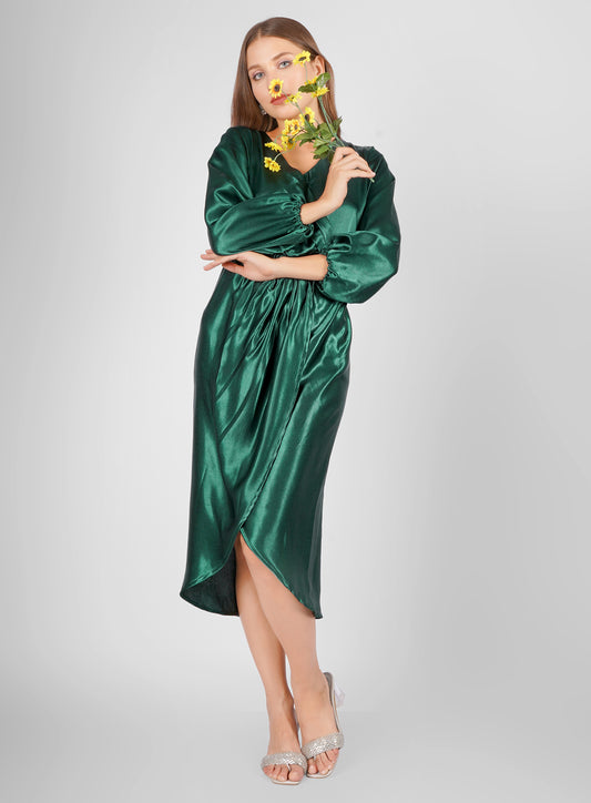 Elegant Green Satin Dress – Overlap Neckline Party & Evening Wear