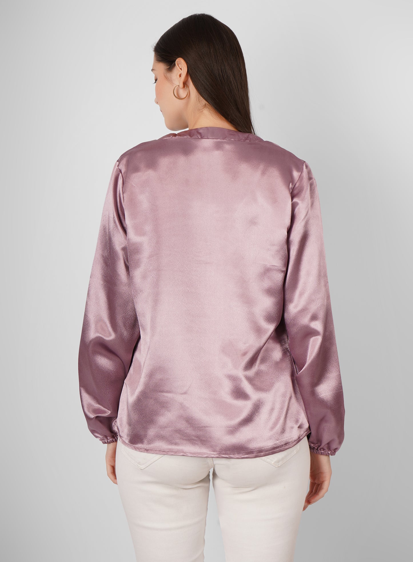Elevate your style with this V-neck striped satin top featuring elegant pink stripes and full sleeves.