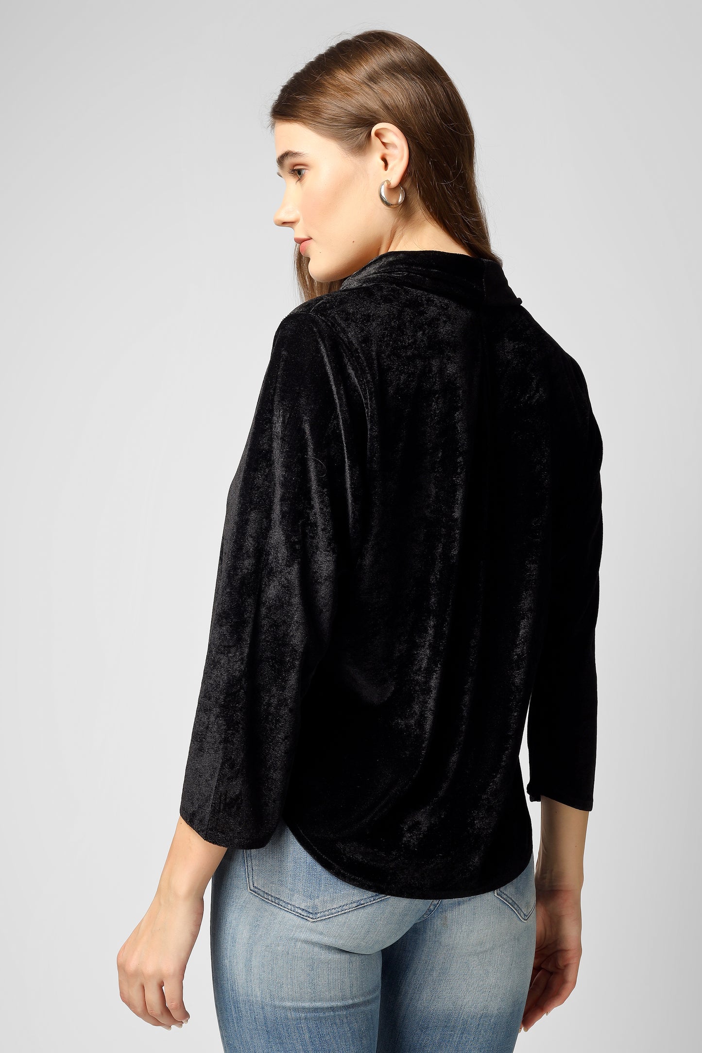 Elegant Black Velvet Shirt Top with Full Sleeves & Front Buttons
