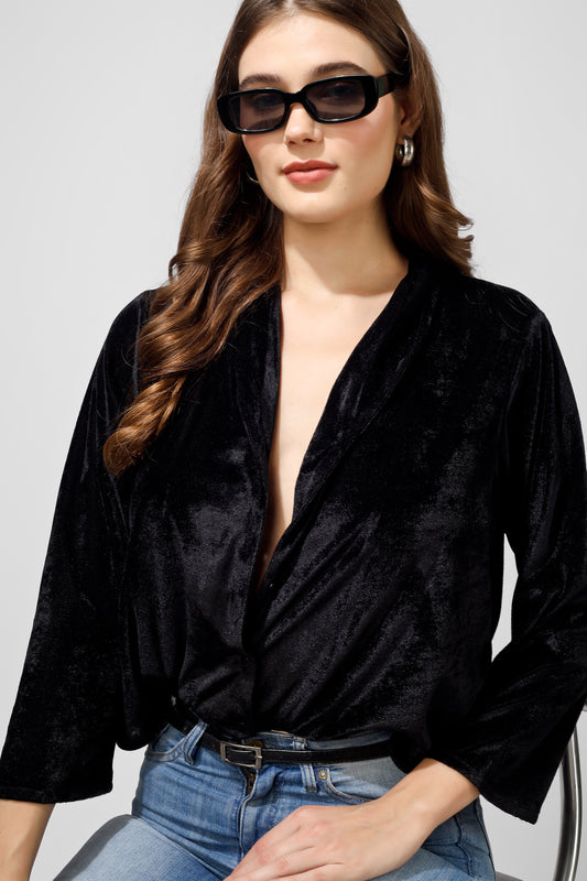 Elegant Black Velvet Shirt Top with Full Sleeves & Front Buttons