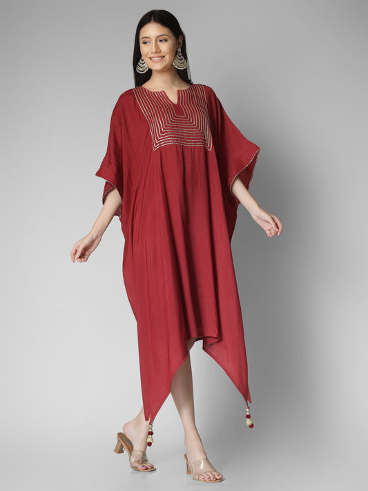 Elegant Maroon Kaftan Dress with Thread Detailing