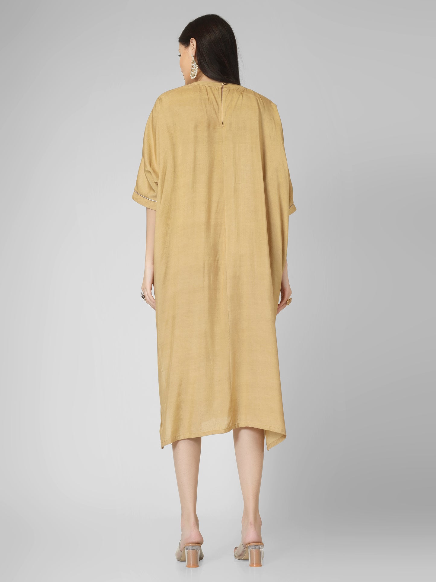 “Elegant Gota-Neck Long Kaftan Dress with Designer Hanging Accents”
