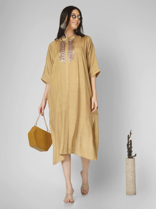 “Elegant Gota-Neck Long Kaftan Dress with Designer Hanging Accents”