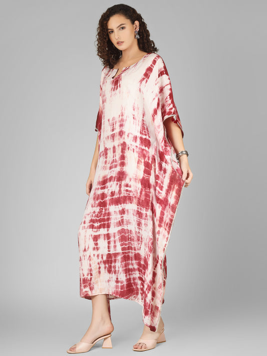 Long kaftan dress in tie dye with silver lace perfect for festive parties