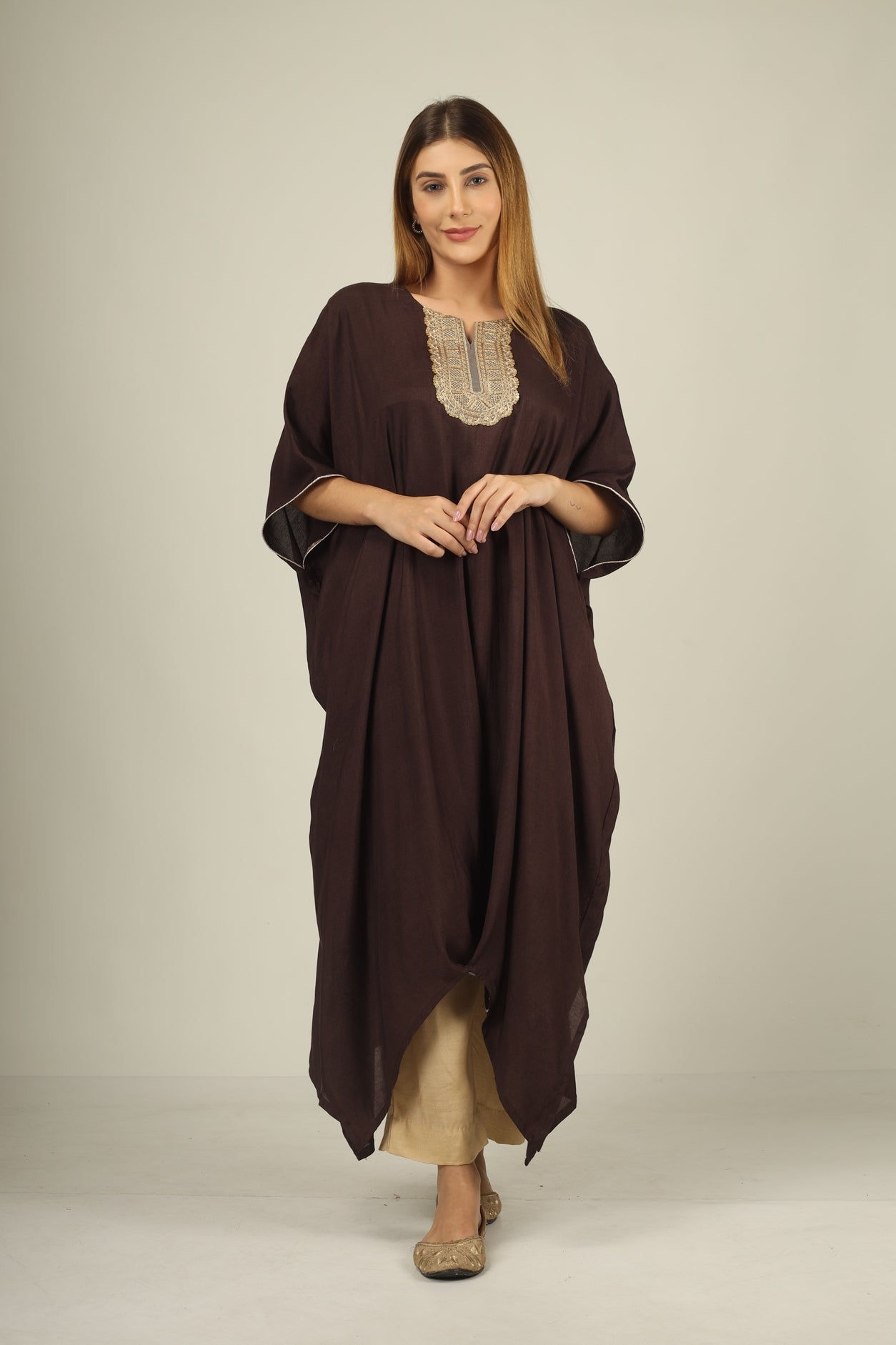 Make a statement in style with our chocclate brown kaftan suit set
