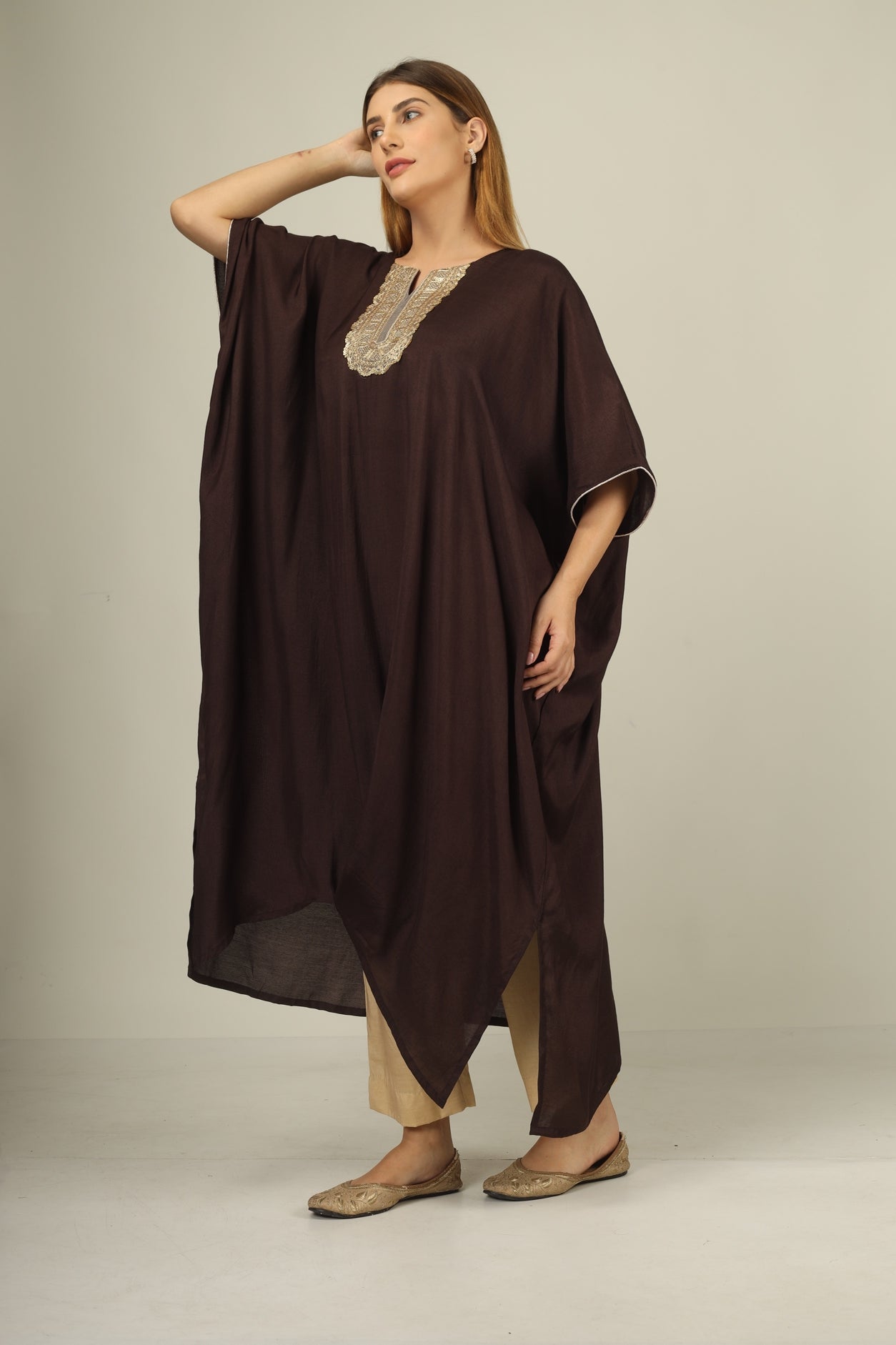 Make a statement in style with our chocclate brown kaftan suit set