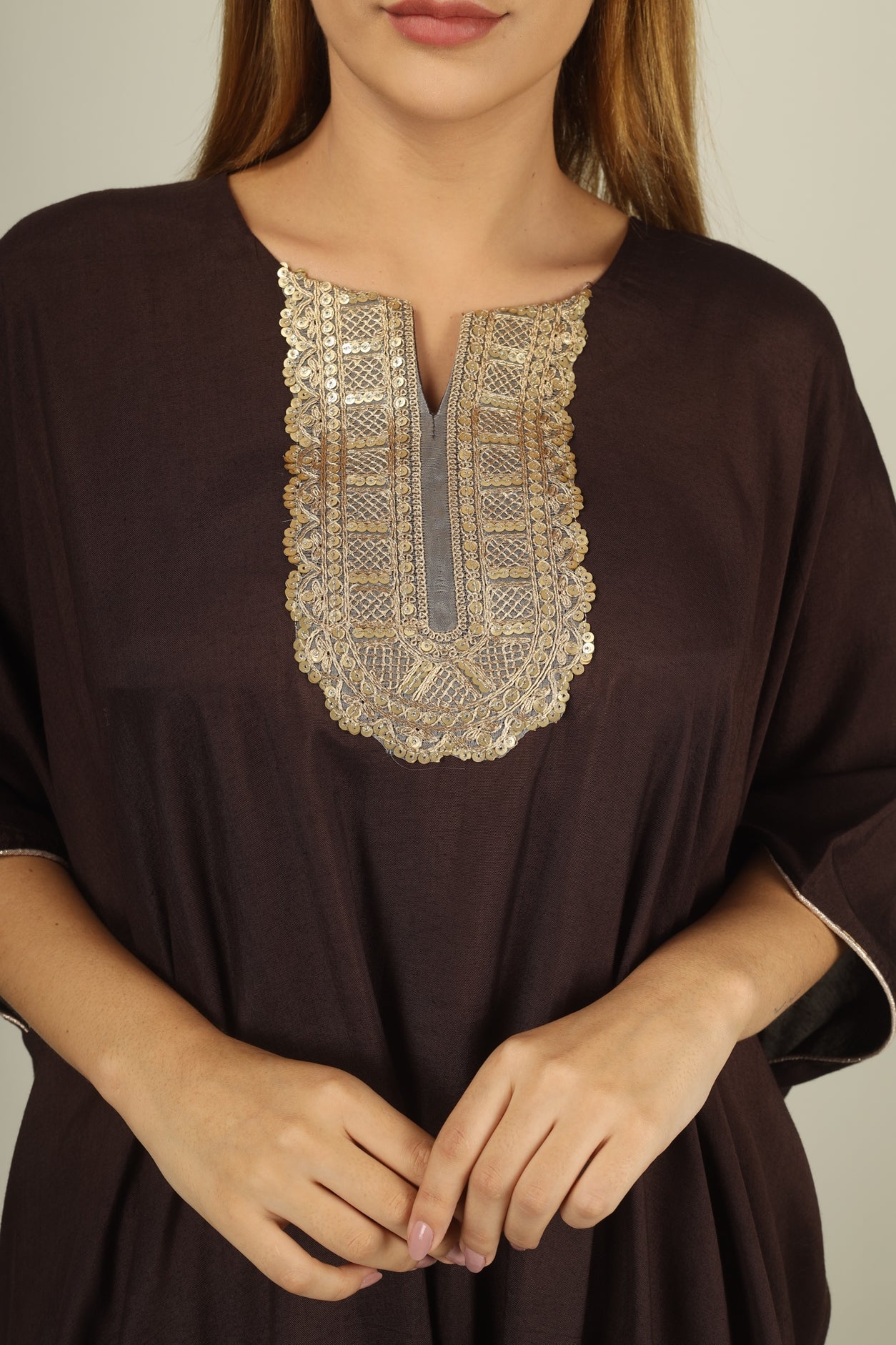 Make a statement in style with our chocclate brown kaftan suit set