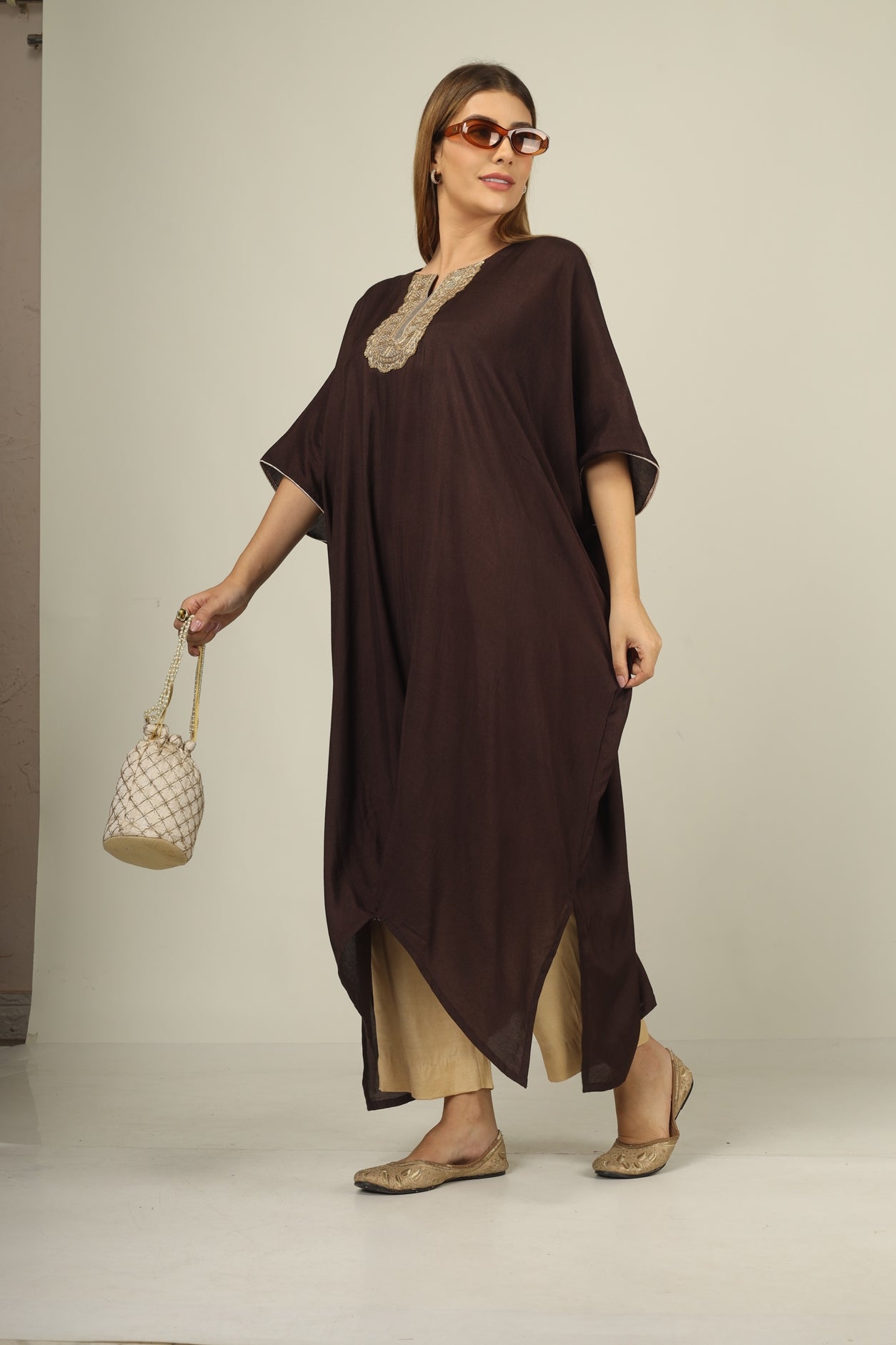 Make a statement in style with our chocclate brown kaftan suit set