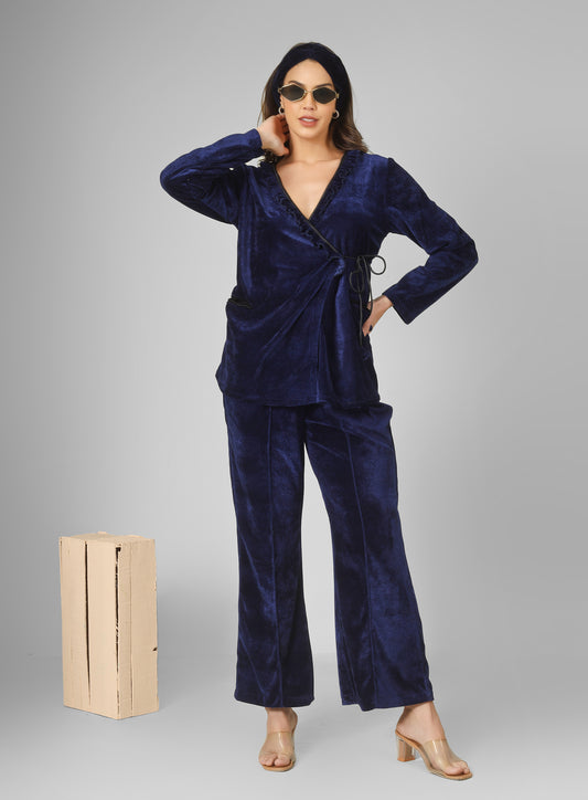 Tendy overlap Blue velvet lounge wear for all day wear