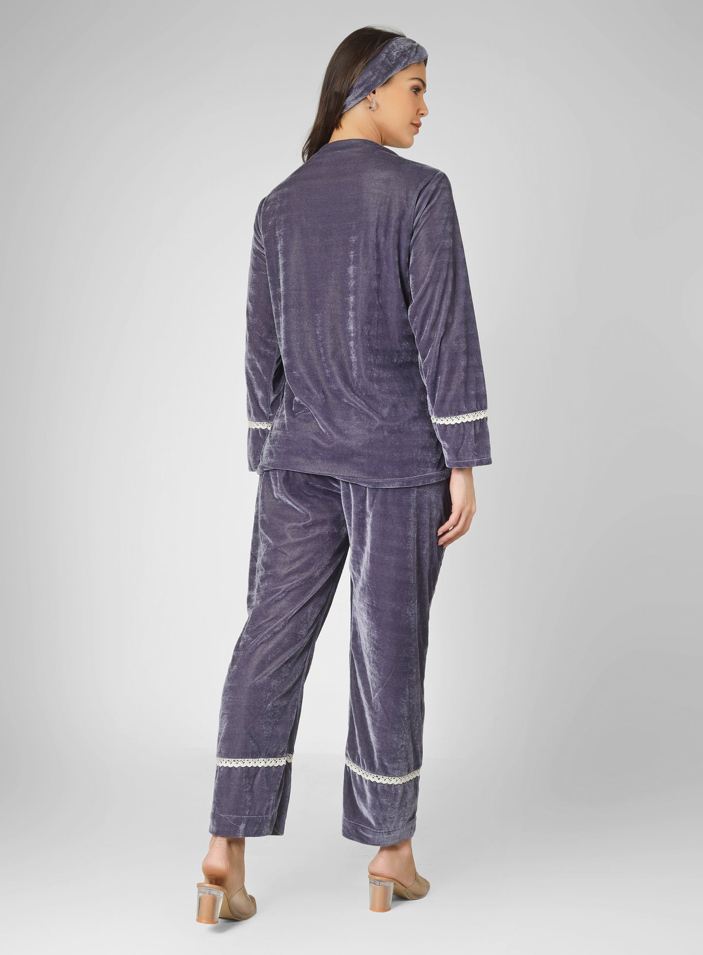 Trendy front open grey lounge wear with piping detailing with head band.