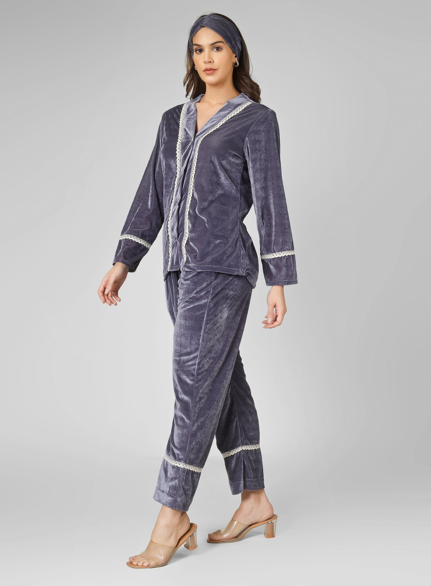 Trendy front open grey lounge wear with piping detailing with head band.
