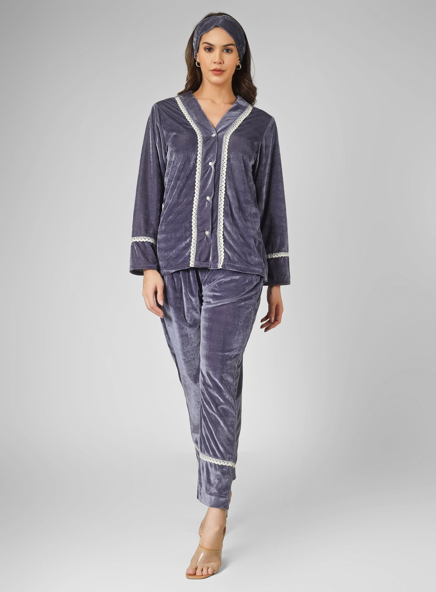Trendy front open grey lounge wear with piping detailing with head band.