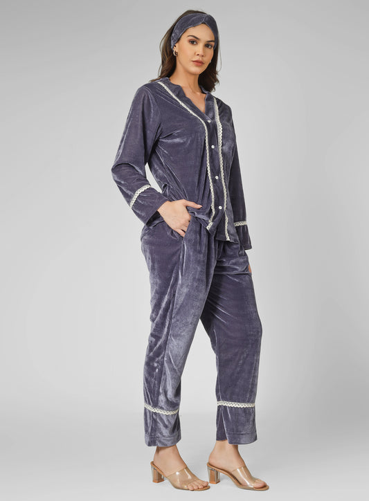 Trendy front open grey lounge wear with piping detailing with head band.