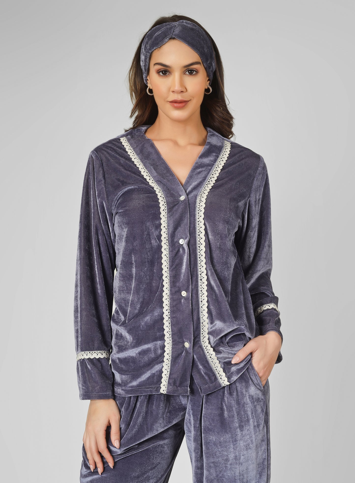 Trendy front open grey lounge wear with piping detailing with head band.