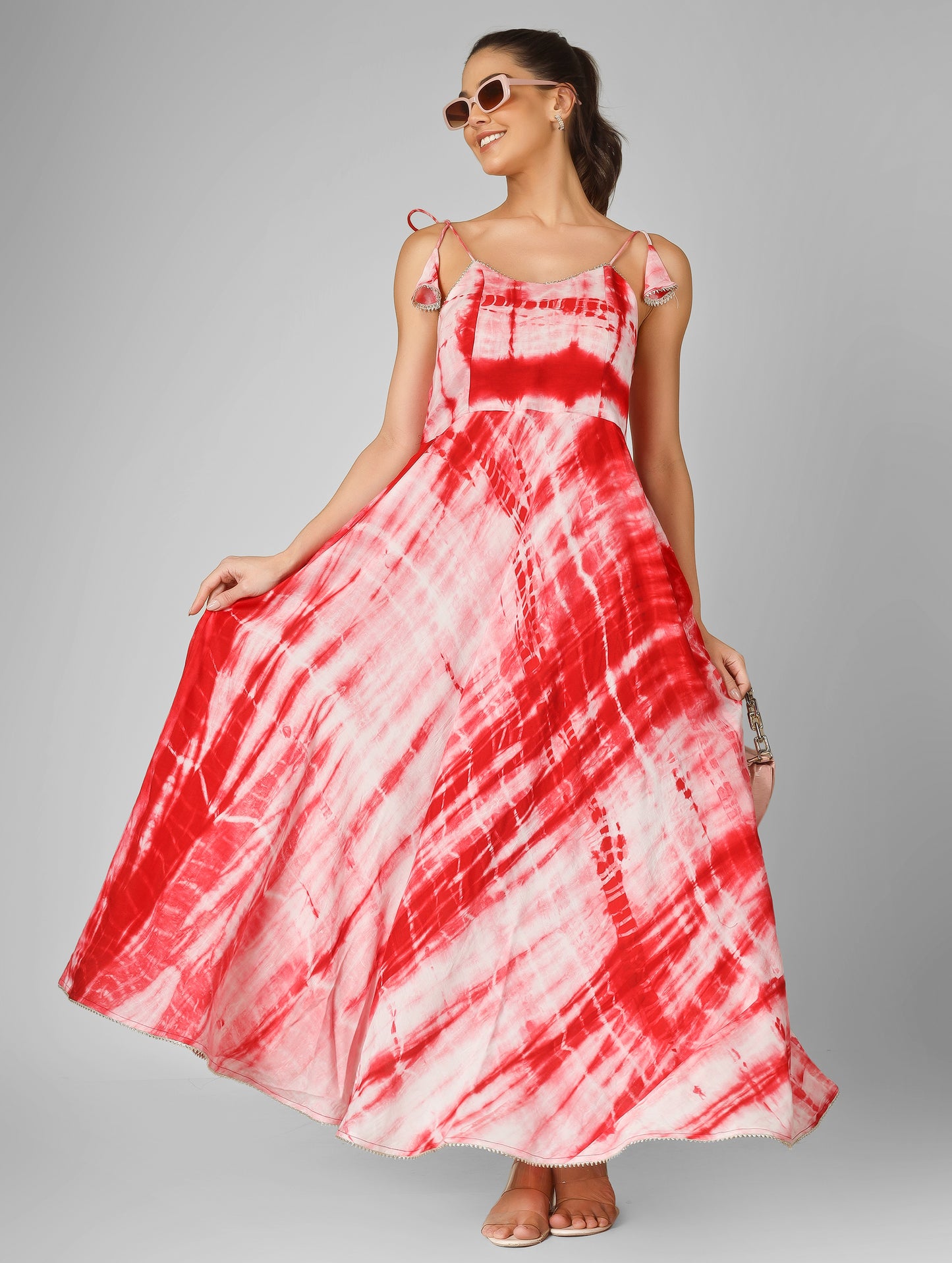 Flowy Tie-Dye Backless Dress with Silver Kinari Tassels | Festive Floor-Length Dress
