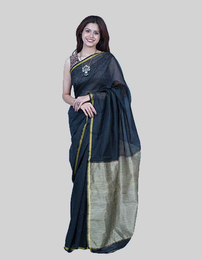 Black chanderi saree with dull gold pallu with 2 blouses