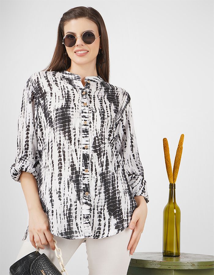 Black and white shibori print shirt with ban collar and full sleeves is perfect for all season