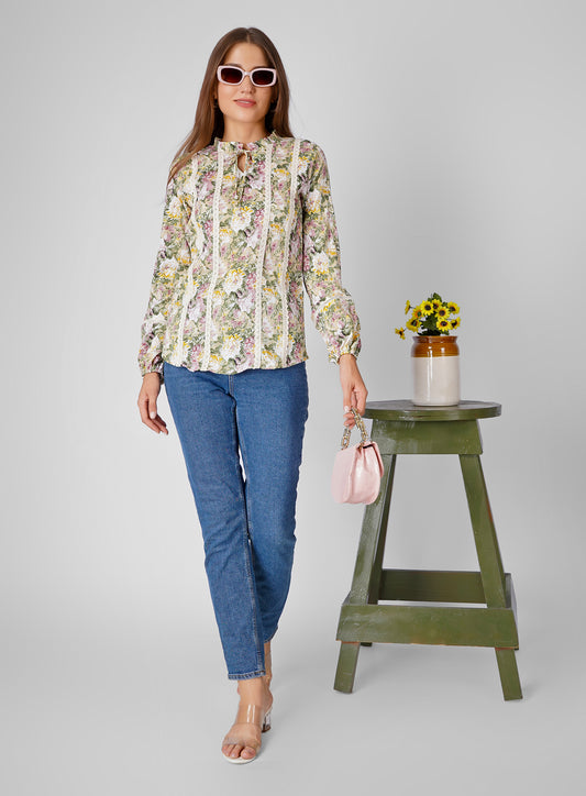 Wrinkle-Resistant Cotton Floral Print Top – Regular Fit, Semi-Formal Blouse for Women