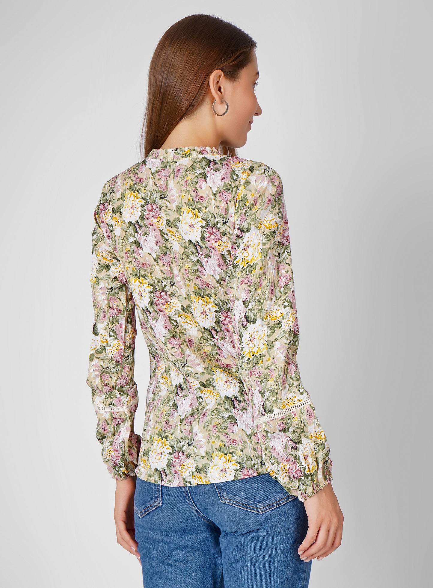 Wrinkle-Resistant Cotton Floral Print Top – Regular Fit, Semi-Formal Blouse for Women