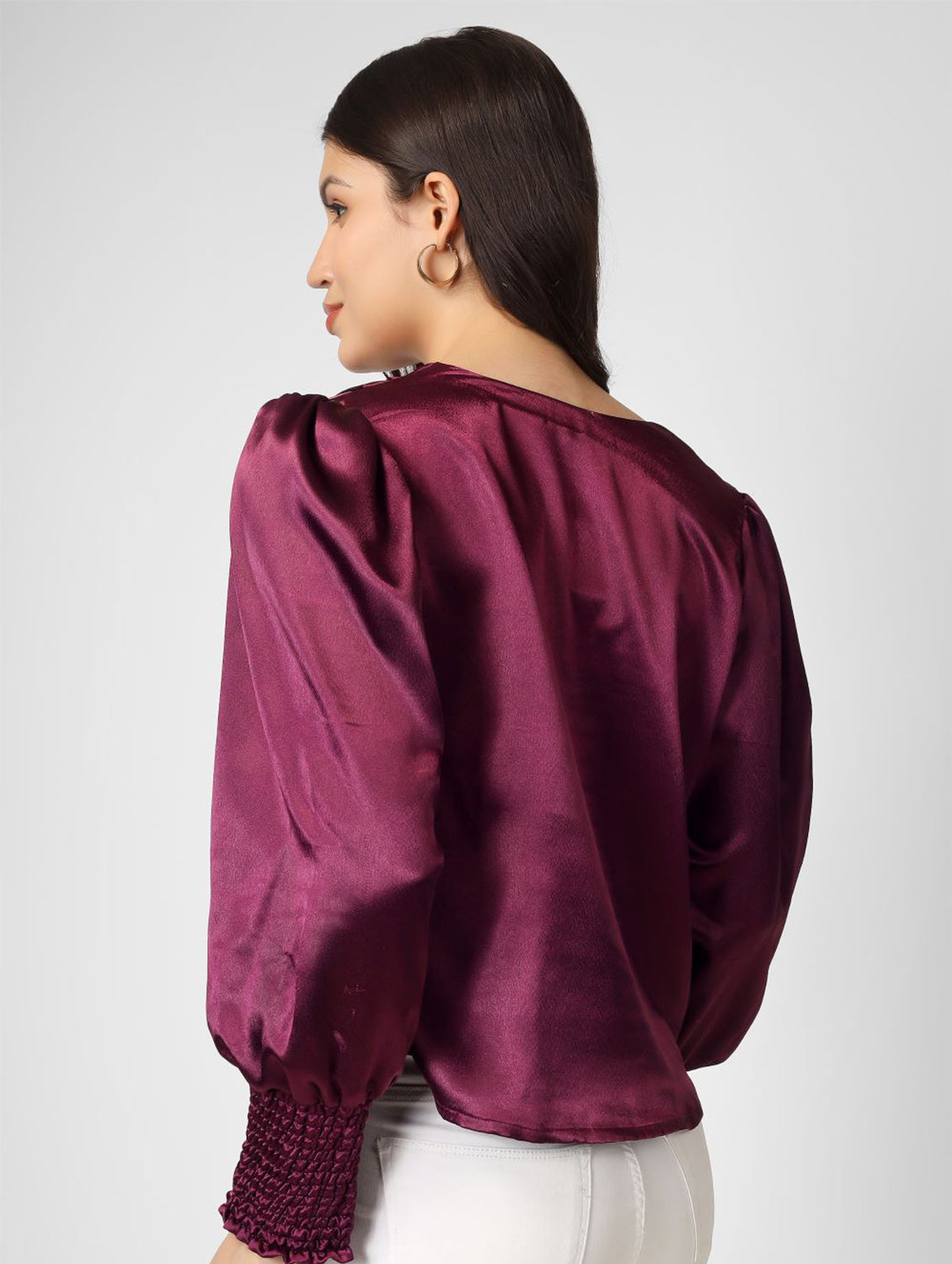 Plain wine color trendy satin top with v neck and full sleeves is perfect party wear.