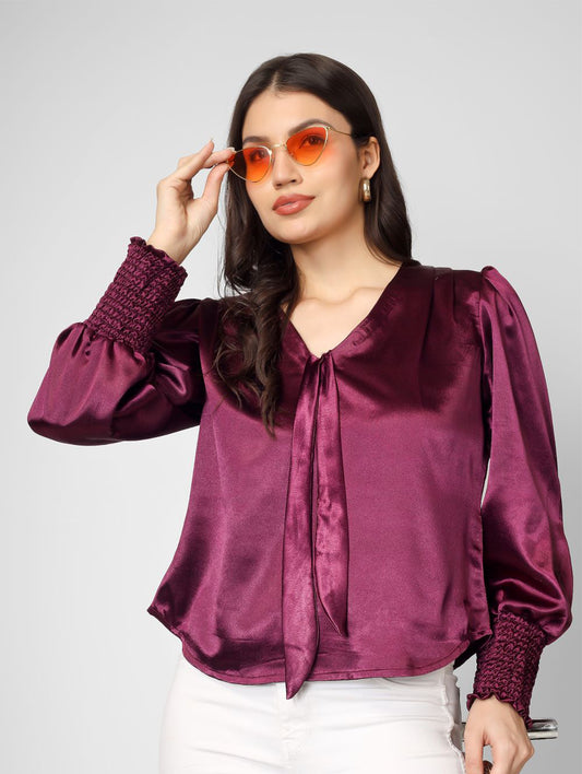 Plain wine color trendy satin top with v neck and full sleeves is perfect party wear.