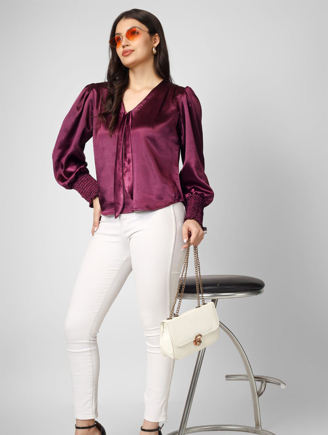 Plain wine color trendy satin top with v neck and full sleeves is perfect party wear.
