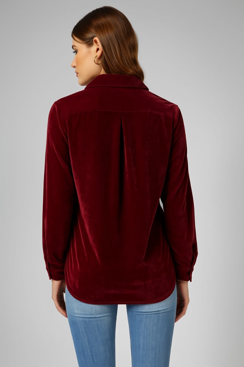 Women's Wine Velvet Button-Down Shirt