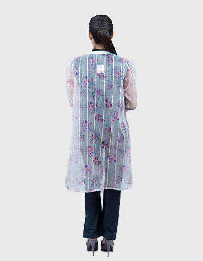 Elegant Transparent Long Shrug with Puff Sleeves & Textured Print – Party Wear Layer for Indian & Western Outfits