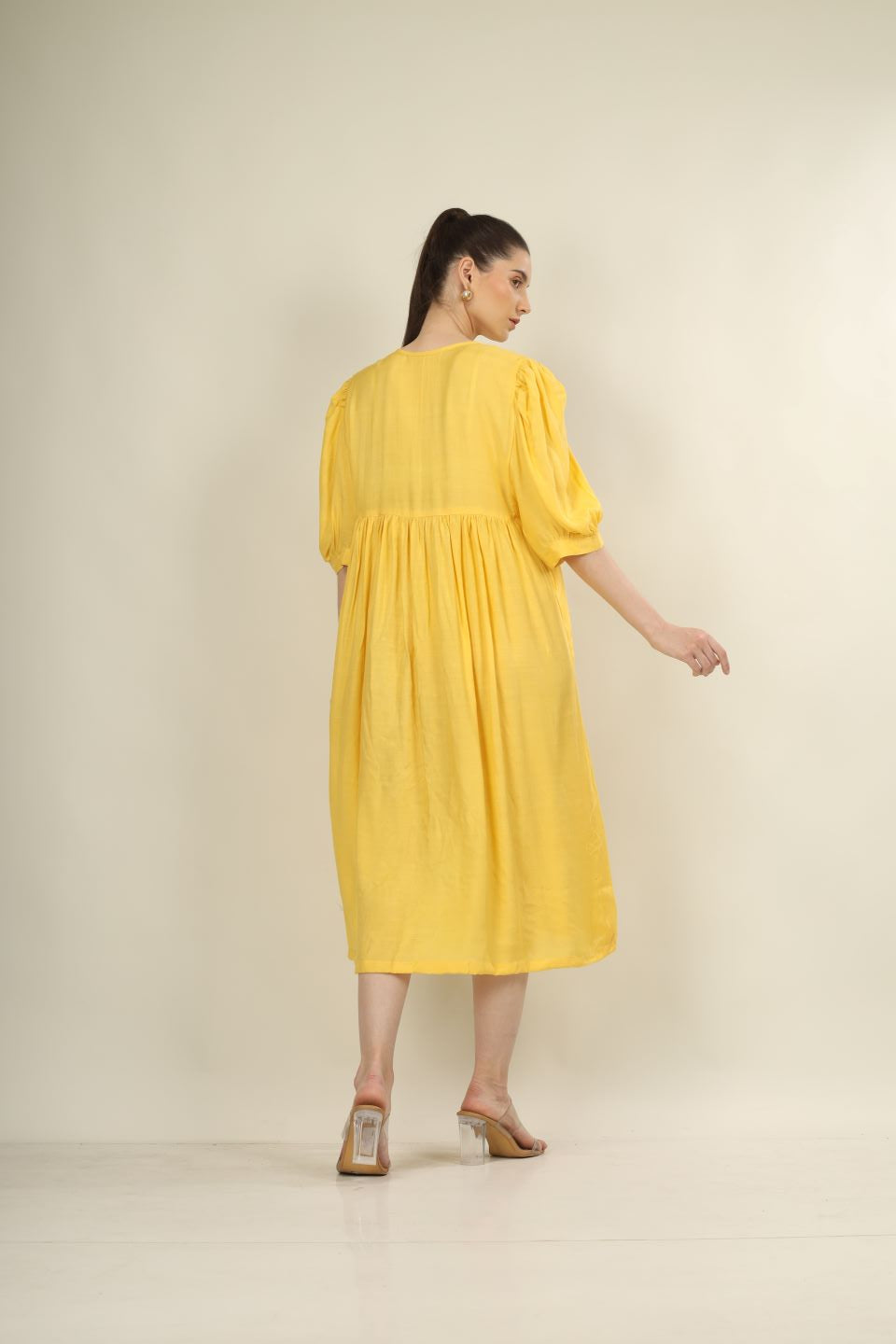 Bright Yellow Yoke Dress with Puff Sleeves | Stylish Everyday Wear