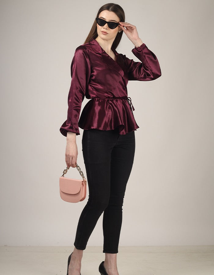 Burgundy overlap stylish formal top with string is perfect party wear
