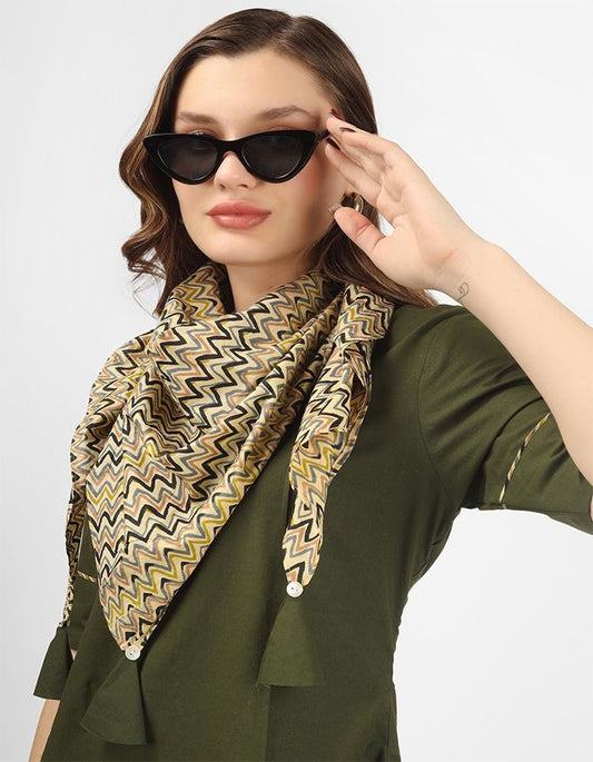 Cotton A-line straight dress with short sleeves and trendy cotton scarf