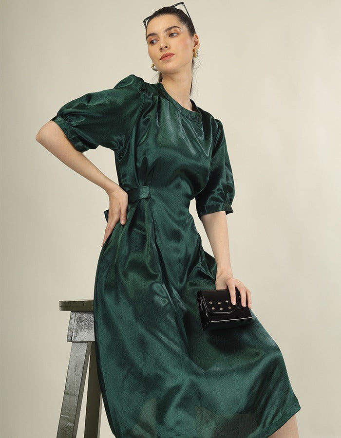 Beautiful green high fashion long dress with belt and puff sleeves is perfect for all occasions