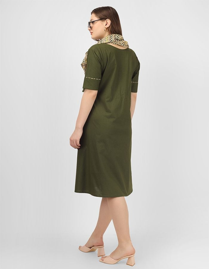 Cotton A-line straight dress with short sleeves and trendy cotton scarf