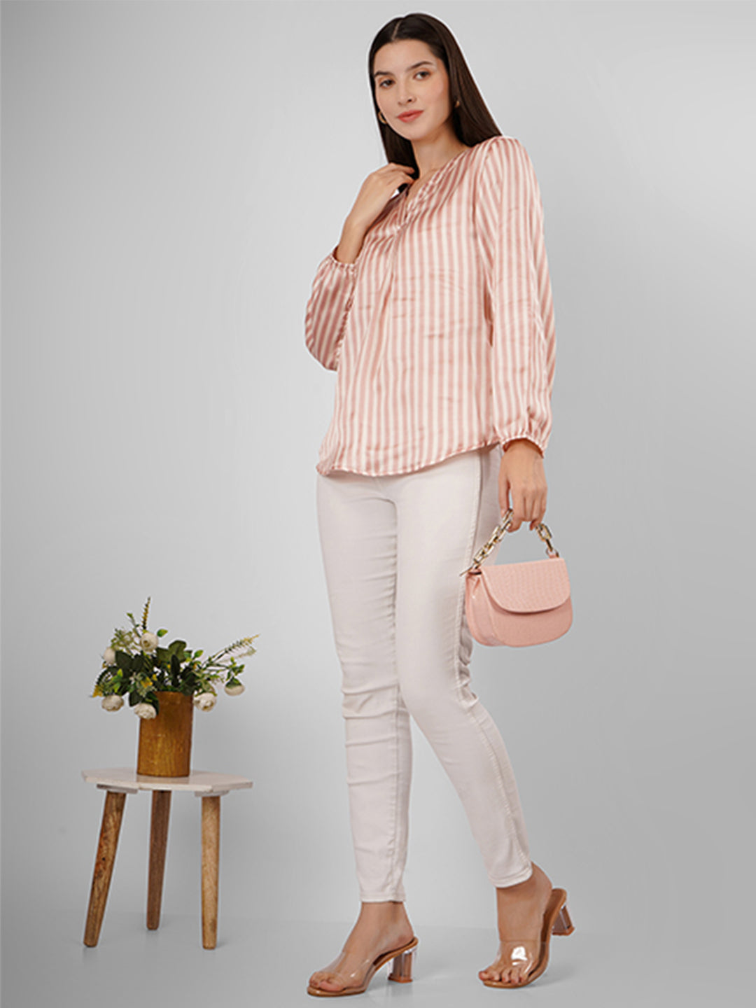 Elevate your style with this V-neck striped satin top featuring elegant pink stripes and full sleeves.
