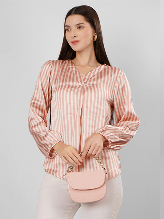 Elevate your style with this V-neck striped satin top featuring elegant pink stripes and full sleeves.