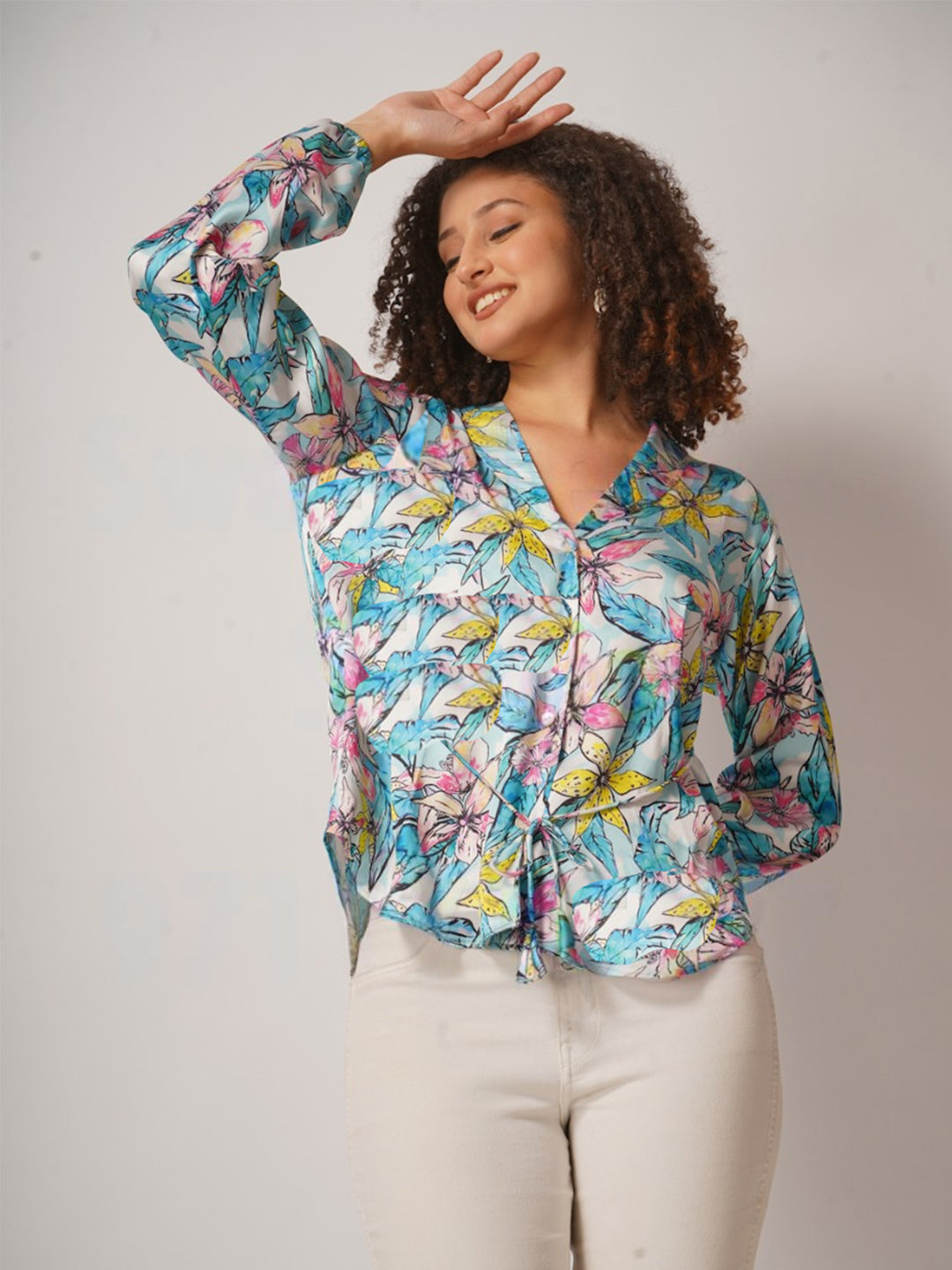 Printed Satin Top with string tie andcuff sleeves .This trendy top is for all season.