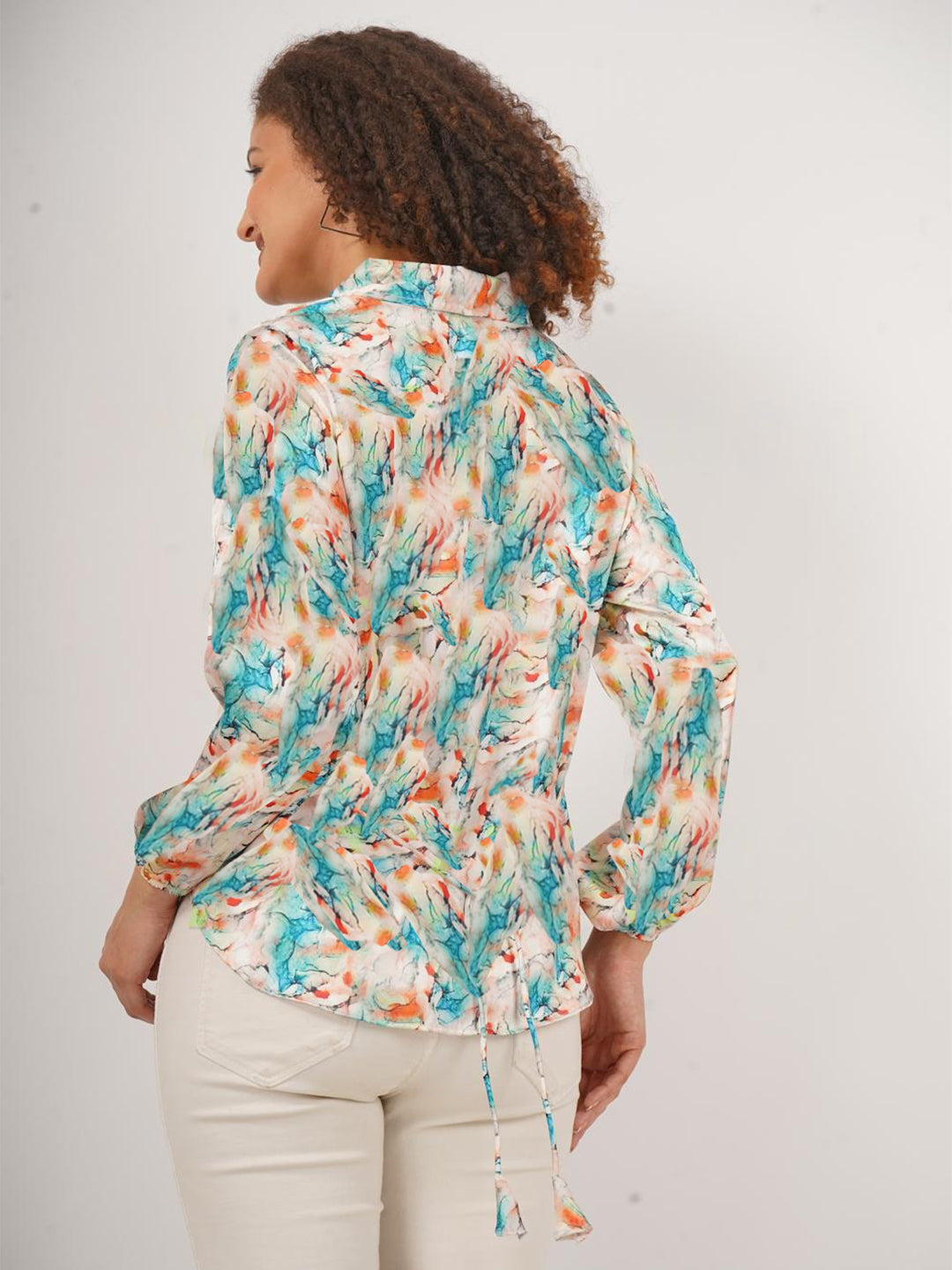 Printed Satin Top with string tie andcuff sleeves .This trendy top is for all season.