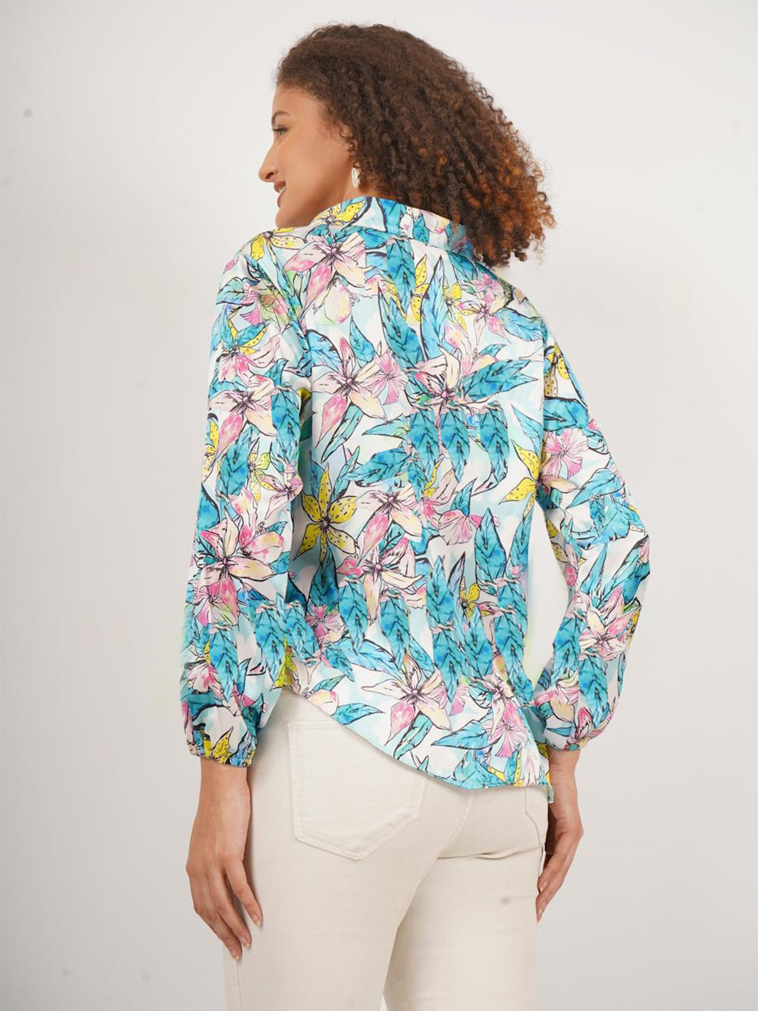Printed Satin Top with string tie andcuff sleeves .This trendy top is for all season.