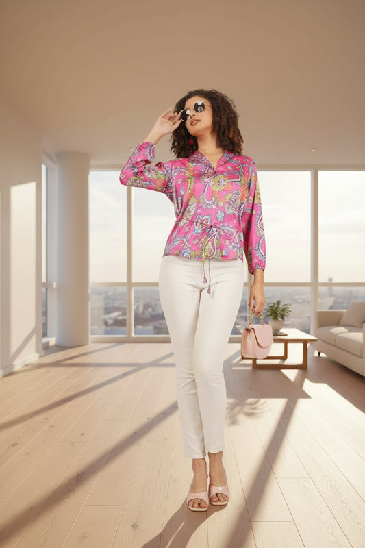 Printed Satin Top with string tie andcuff sleeves .This trendy top is for all season.