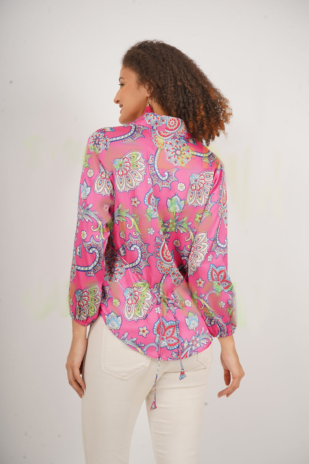 Printed Satin Top with string tie andcuff sleeves .This trendy top is for all season.
