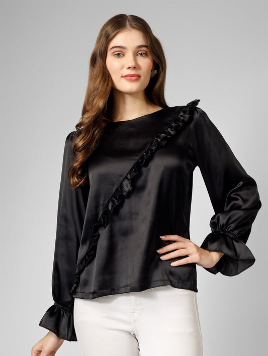 Black satin top with front frill and stylish sleeves for work and party wear