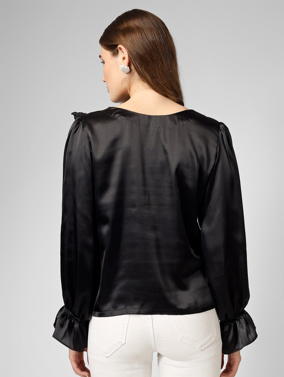 Black satin top with front frill and stylish sleeves for work and party wear
